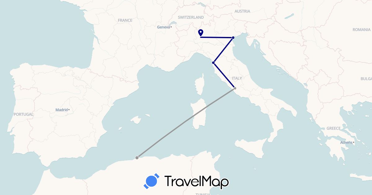 TravelMap itinerary: driving, plane in Algeria, Italy (Africa, Europe)